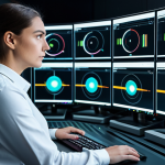 A professional video editor, dressed in a modest long-sleeved shirt and smart trousers, is intently focused on multiple high-resolution monitors in a sleek, modern video production studio. One screen displays complex AI-driven data visualizations related to video analytics and automated editing timelines, while another shows a video project in progress. The atmosphere is futuristic and efficient, with subtle glowing accents from technology. The subject's expression is one of thoughtful concentration. Fully clothed, appropriate attire, professional dress, safe for work, appropriate content, perfect anatomy, correct proportions, well-formed hands, proper finger count, natural body proportions, natural pose, professional photography, high quality.