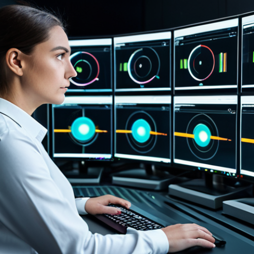 A professional video editor, dressed in a modest long-sleeved shirt and smart trousers, is intently focused on multiple high-resolution monitors in a sleek, modern video production studio. One screen displays complex AI-driven data visualizations related to video analytics and automated editing timelines, while another shows a video project in progress. The atmosphere is futuristic and efficient, with subtle glowing accents from technology. The subject's expression is one of thoughtful concentration. Fully clothed, appropriate attire, professional dress, safe for work, appropriate content, perfect anatomy, correct proportions, well-formed hands, proper finger count, natural body proportions, natural pose, professional photography, high quality.