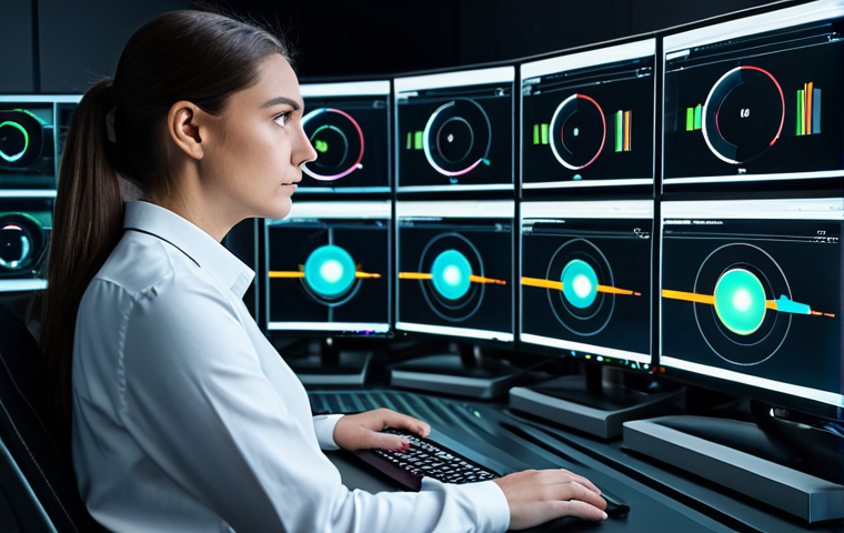 A professional video editor, dressed in a modest long-sleeved shirt and smart trousers, is intently focused on multiple high-resolution monitors in a sleek, modern video production studio. One screen displays complex AI-driven data visualizations related to video analytics and automated editing timelines, while another shows a video project in progress. The atmosphere is futuristic and efficient, with subtle glowing accents from technology. The subject's expression is one of thoughtful concentration. Fully clothed, appropriate attire, professional dress, safe for work, appropriate content, perfect anatomy, correct proportions, well-formed hands, proper finger count, natural body proportions, natural pose, professional photography, high quality.
