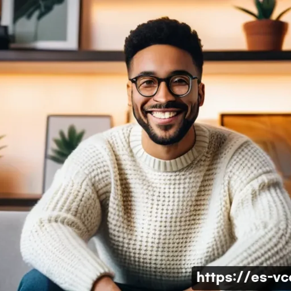 영상콘텐츠 전문가의 커뮤니티 참여 방법 - **Prompt:** A diverse content creator, aged 28, with a warm and genuine smile, sits comfortably in a...