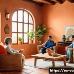 영상콘텐츠 전문가가 준비해야 할 인터뷰 질문 - A cozy, softly lit interview setting in a modern Spanish-style living room, featuring warm terracott...
