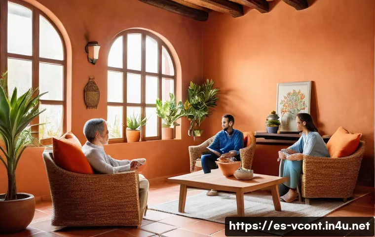 영상콘텐츠 전문가가 준비해야 할 인터뷰 질문 - A cozy, softly lit interview setting in a modern Spanish-style living room, featuring warm terracott...
