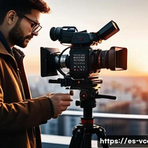 영상콘텐츠 전문가 실무에 필요한 기술 - A professional film director on a vibrant urban rooftop at sunset, holding a high-end digital cinema...