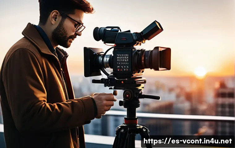 영상콘텐츠 전문가 실무에 필요한 기술 - A professional film director on a vibrant urban rooftop at sunset, holding a high-end digital cinema...