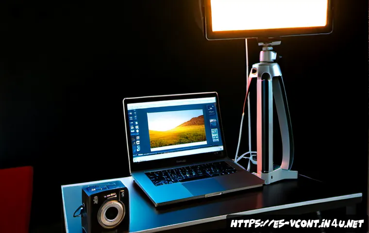 영상콘텐츠 제작을 위한 최신 하드웨어 리뷰 - Photorealistic modern video production desk in a bright Madrid apartment studio, compact mirrorless ...